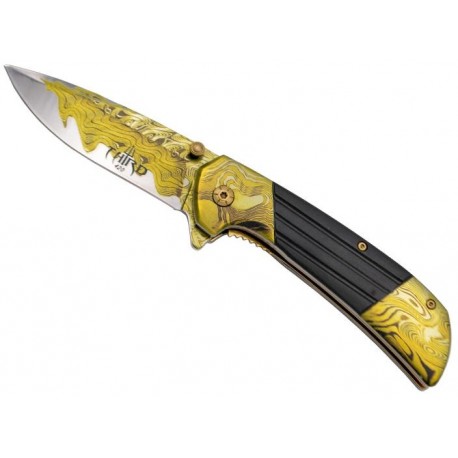 Couteau Third acier 3D décor damas jaune/noir 11,5cm inox