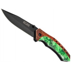 Couteau CJH ABS décor bois/camo vert 12cm inox noir